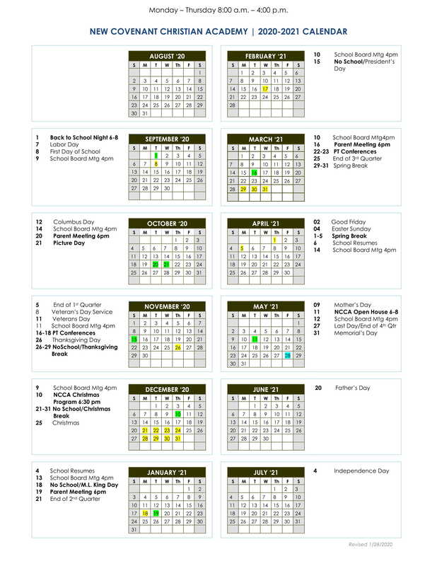 Calendar NEW COVENANT CHRISTIAN ACADEMY